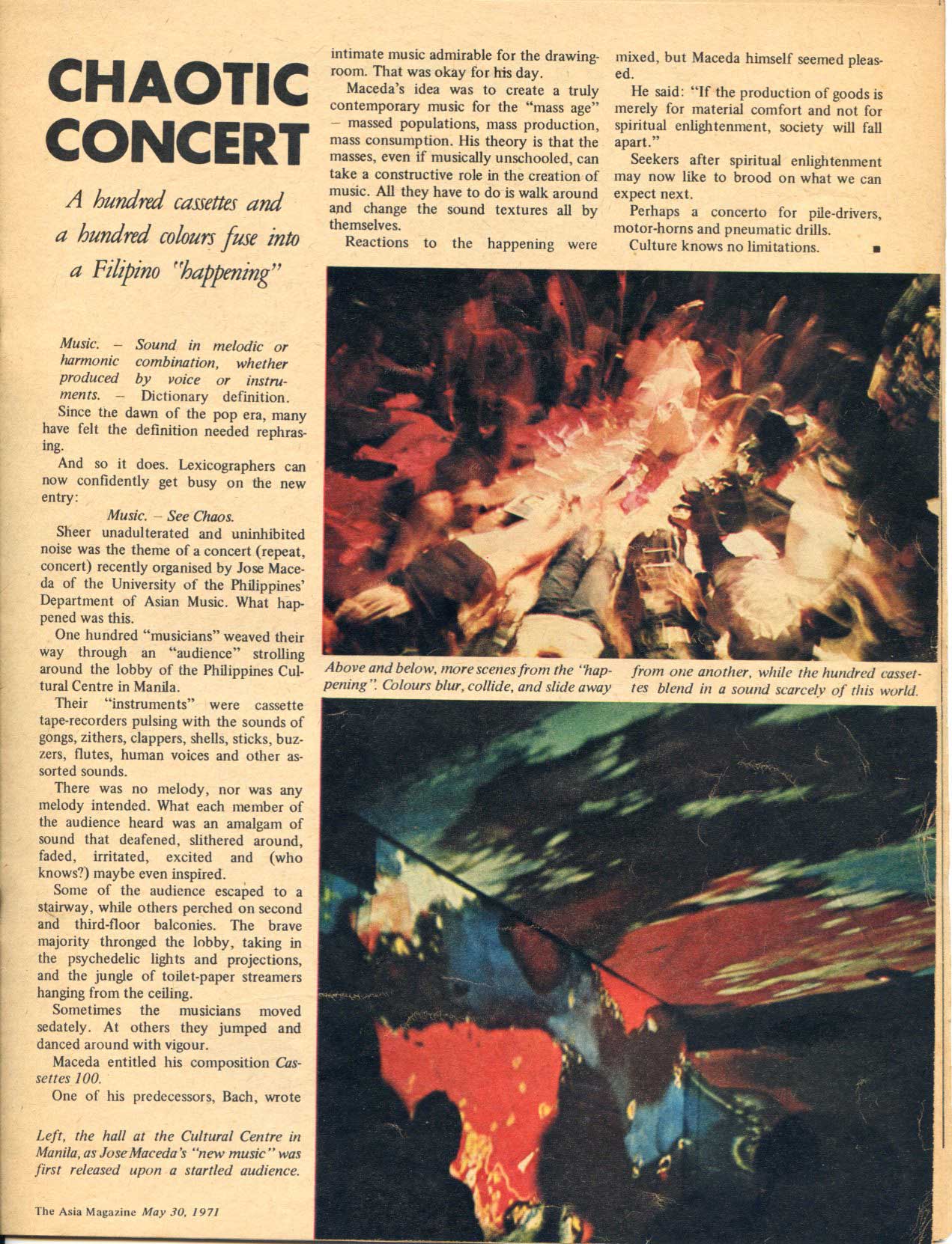 《亞洲週刊》上關於〈Cassettes 100〉報導：「混亂的音樂會」，Asia Magazine，1971 （資料來源：菲律賓大學民族音樂中心）