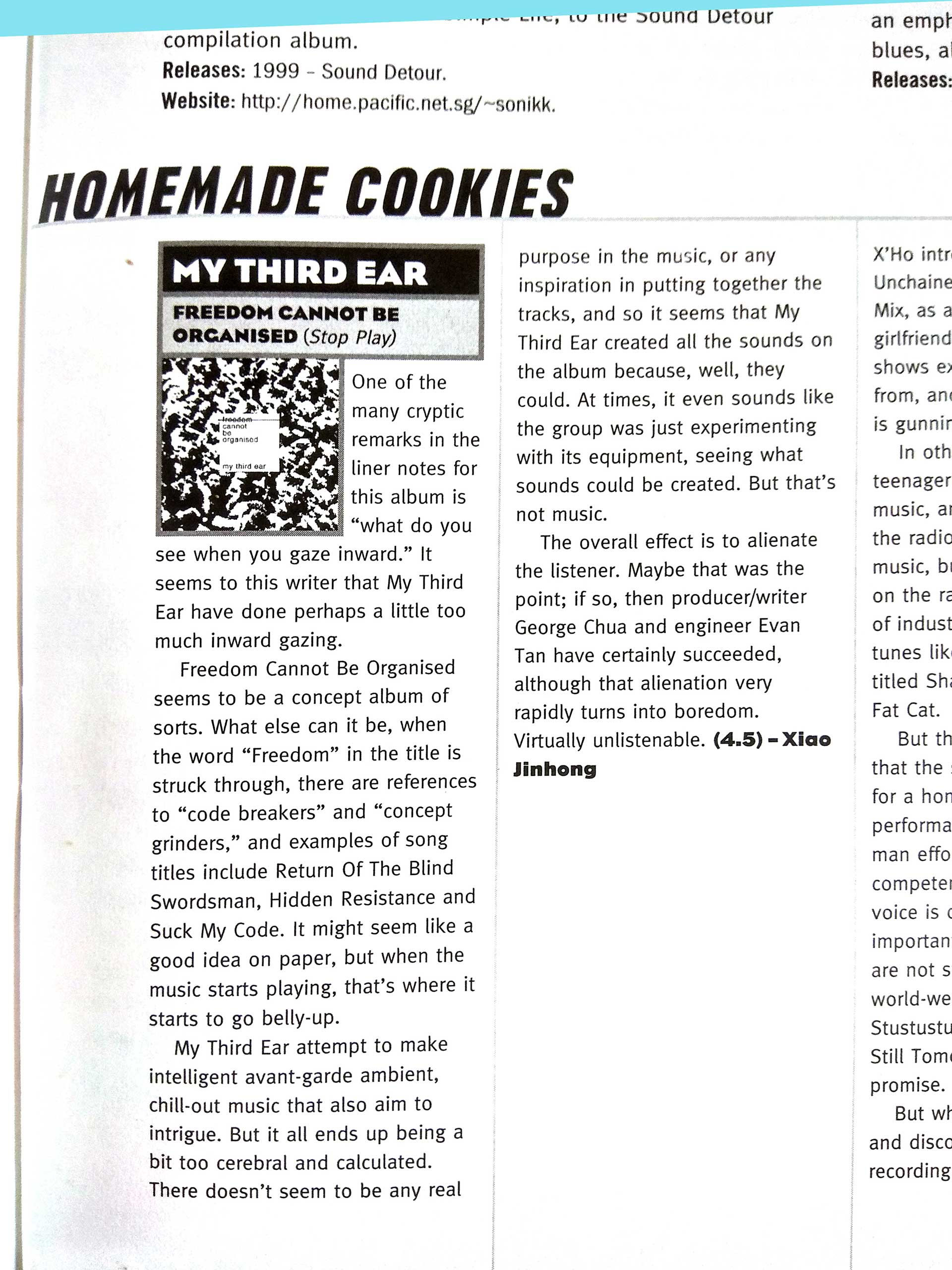我的第三隻耳朵—《自由不受控》樂評，蕭錦鴻撰寫於《大O》＃171，複製／印刷，2000年3月，王文偉收藏