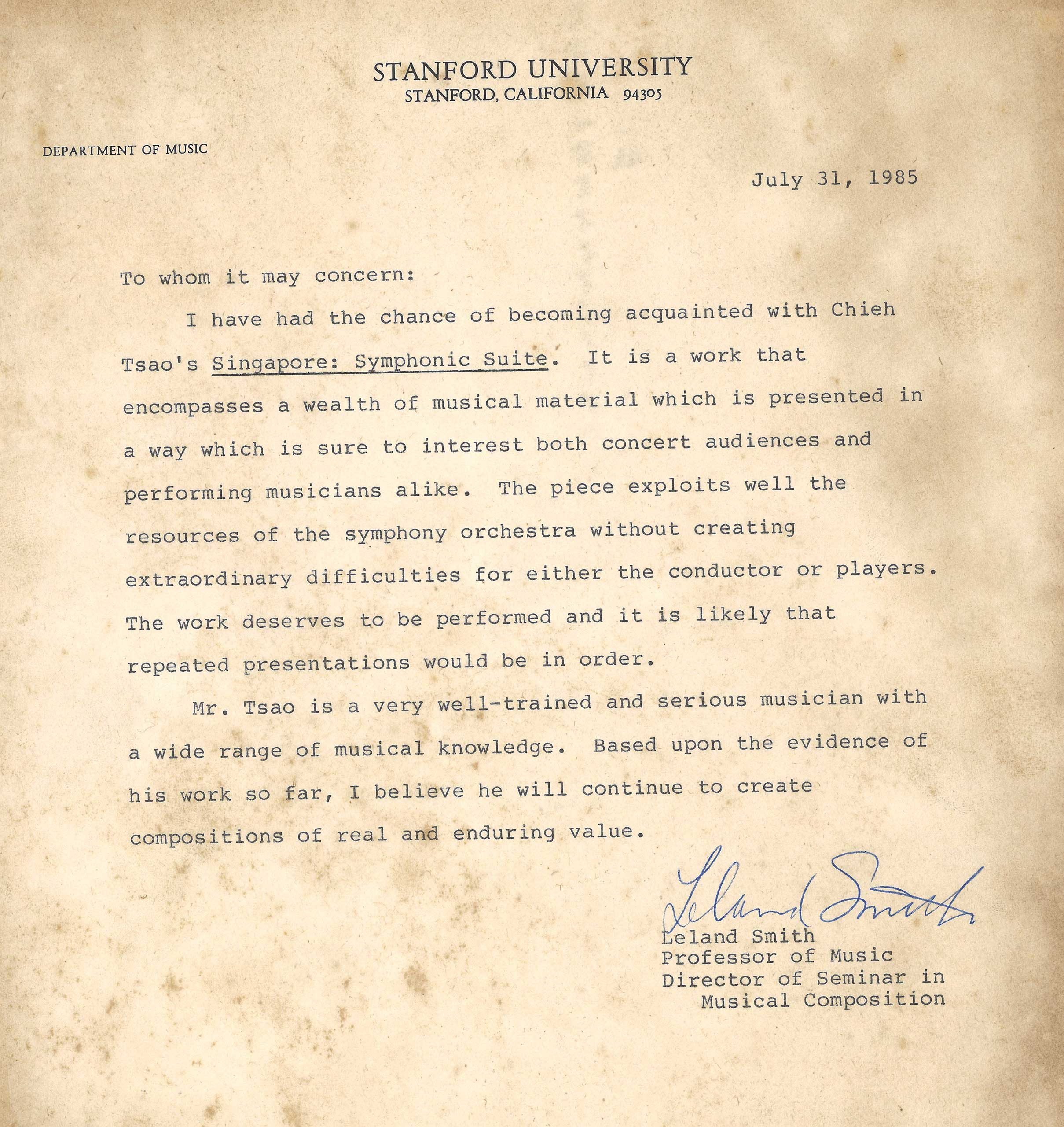 利蘭・史密斯教授為曹節和他的作品《新加坡：交響樂組曲》 背書，1985年7月31日。陳偉文收藏