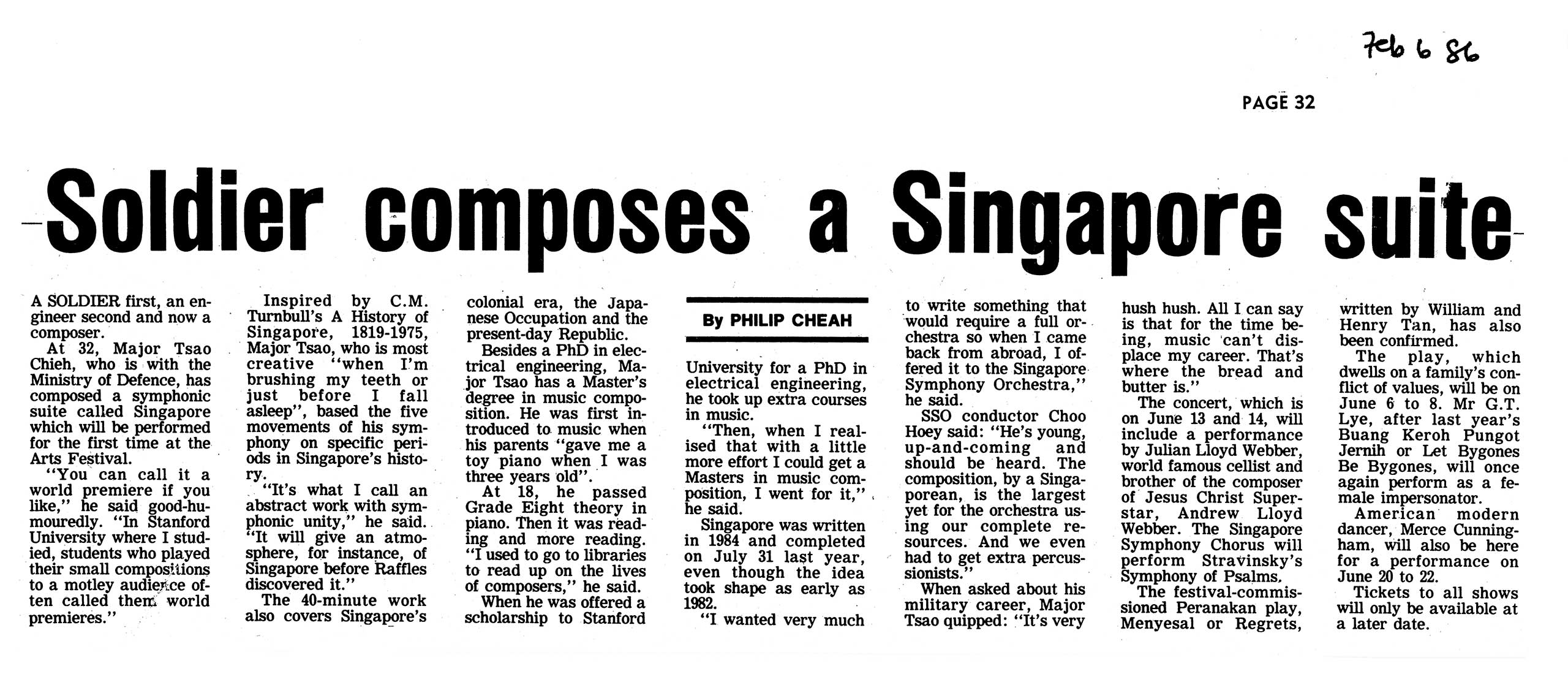 菲利普・謝（Philip Cheah）在〈海峽時報〉的報導：「士兵創作的新加坡組曲」，1986年2月6日。陳偉文收藏